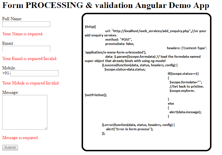 Form Processing and validation in Angular js